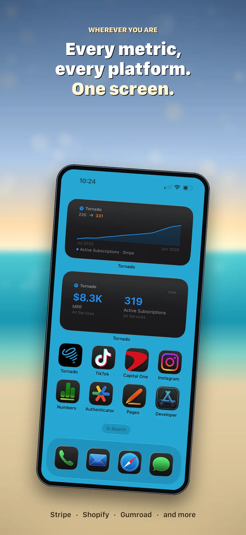 Tornado Metrics on an iPhone home screen at the beach, showing MRR and active subscriptions widgets