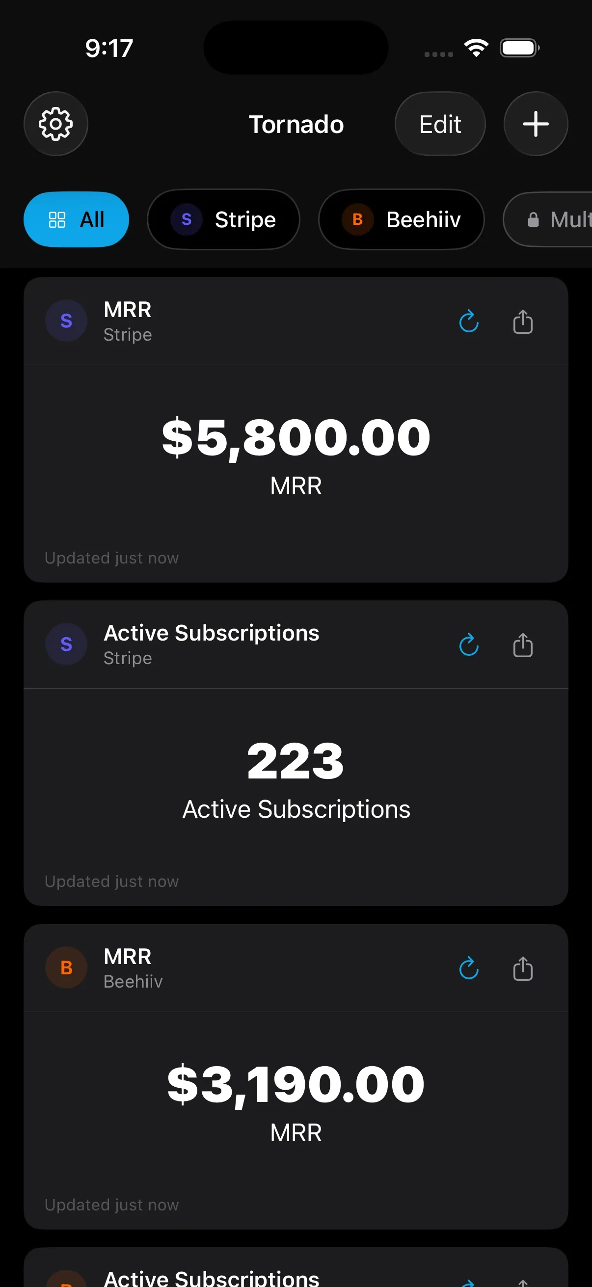 Tornado Metrics live metric tile dashboard