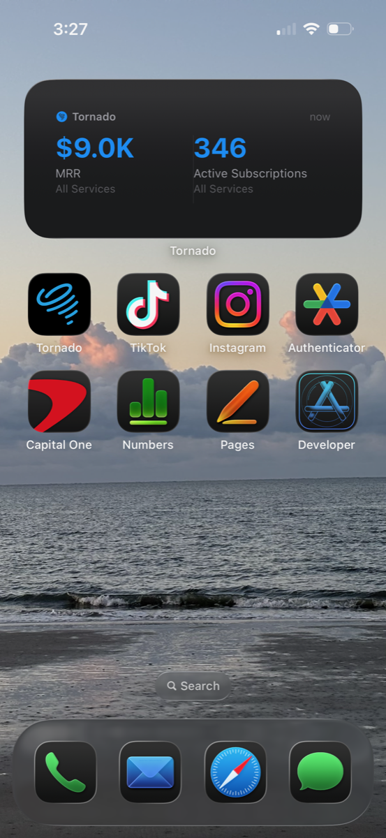 Tornado widget on iPhone home screen showing $9K MRR and active subscriptions